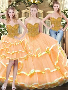 Peach Lace Up 15th Birthday Dress Beading and Ruffled Layers Sleeveless Floor Length