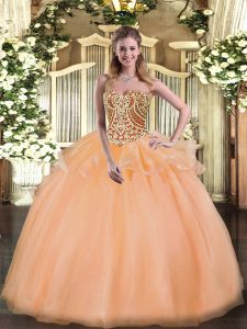 Sleeveless Tulle Floor Length Lace Up Sweet 16 Quinceanera Dress in Peach with Beading and Ruffles
