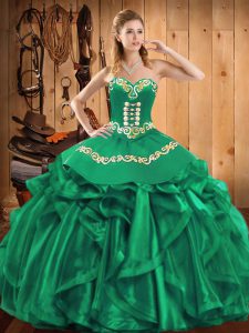 Custom Design Green Sleeveless Floor Length Embroidery and Ruffles Lace Up Vestidos de Quinceanera