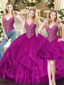 Best Fuchsia Three Pieces Beading and Ruffles 15th Birthday Dress Lace Up Organza Sleeveless Floor Length