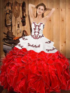 Free and Easy Satin and Organza Strapless Sleeveless Lace Up Embroidery and Ruffles Ball Gown Prom Dress in Wine Red