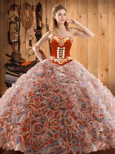 Sweetheart Sleeveless Satin and Fabric With Rolling Flowers Quinceanera Dresses Embroidery Sweep Train Lace Up