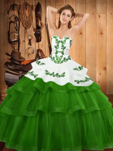 Customized Green Lace Up Strapless Embroidery and Ruffled Layers Military Ball Dresses Tulle Sleeveless Sweep Train