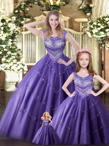 Graceful Floor Length Eggplant Purple Ball Gown Prom Dress Tulle Sleeveless Beading