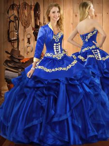 Exceptional Royal Blue Organza Lace Up Sweetheart Sleeveless Floor Length Sweet 16 Dresses Embroidery and Ruffles