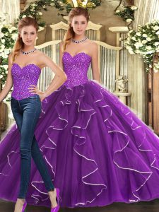Captivating Eggplant Purple Two Pieces Beading and Ruffles 15th Birthday Dress Lace Up Organza Sleeveless Floor Length