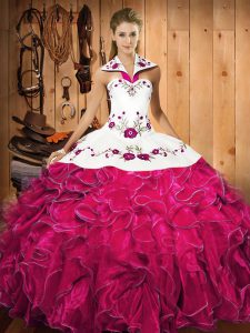 Fuchsia Sleeveless Embroidery and Ruffles Floor Length 15th Birthday Dress