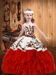Red Ball Gowns Embroidery and Ruffles Winning Pageant Gowns Lace Up Organza Sleeveless Floor Length