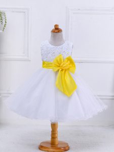 White Sleeveless Bowknot Knee Length Pageant Dress Wholesale