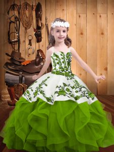 Olive Green Ball Gowns Embroidery and Ruffles Girls Pageant Dresses Lace Up Organza Sleeveless Floor Length