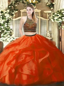 Beading and Ruffles Quinceanera Gown Orange Red Zipper Sleeveless Floor Length