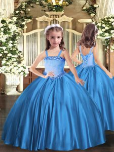 Sleeveless Satin Floor Length Lace Up Pageant Dress in Baby Blue with Appliques