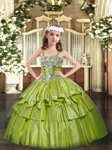 Eye-catching Sleeveless Floor Length Appliques and Ruffled Layers Lace Up Pageant Dress Womens with Olive Green