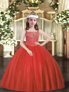 Fancy Red Ball Gowns Straps Sleeveless Tulle Floor Length Zipper Beading Child Pageant Dress