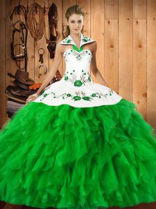 High End Satin and Organza Halter Top Sleeveless Lace Up Embroidery and Ruffles Ball Gown Prom Dress in Green