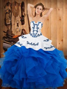 Unique Blue Quince Ball Gowns Military Ball and Sweet 16 and Quinceanera with Embroidery and Ruffles Strapless Sleeveless Lace Up