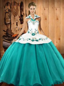 Halter Top Sleeveless Lace Up Vestidos de Quinceanera Turquoise Satin and Tulle