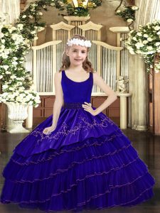 Gorgeous Blue Sleeveless Floor Length Beading and Embroidery and Ruffled Layers Zipper Girls Pageant Dresses