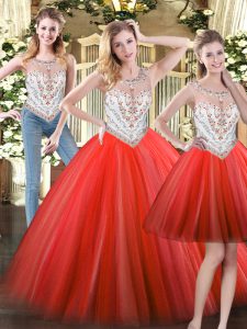 Beading Vestidos de Quinceanera Coral Red Zipper Sleeveless Floor Length