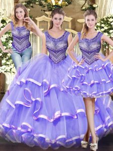 Scoop Sleeveless Tulle 15 Quinceanera Dress Beading and Ruffled Layers Lace Up