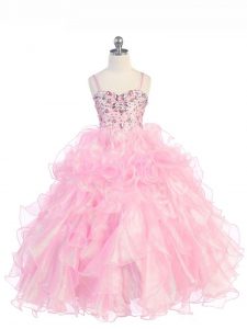 Latest Sleeveless Floor Length Beading and Ruffles Lace Up Evening Gowns with Baby Pink