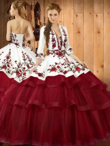 Wine Red Quinceanera Dresses Organza Sweep Train Sleeveless Embroidery