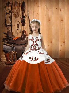 Dramatic Sleeveless Organza and Tulle Floor Length Lace Up Pageant Gowns For Girls in Orange Red with Embroidery