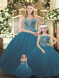 Best Sleeveless Tulle Floor Length Lace Up Quinceanera Gown in Teal with Beading