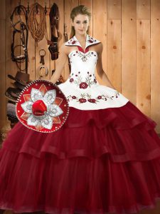 Elegant Sleeveless Satin and Organza With Train Sweep Train Lace Up Quinceanera Dresses in Wine Red with Embroidery and Ruffled Layers