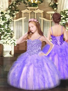 Lavender Organza Lace Up Little Girls Pageant Gowns Sleeveless Floor Length Appliques and Ruffles