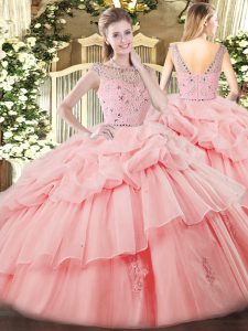 Admirable Bateau Sleeveless Military Ball Gowns Floor Length Beading and Ruffles and Pick Ups Baby Pink Tulle