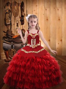 Red Sleeveless Embroidery and Ruffled Layers Floor Length Little Girl Pageant Dress