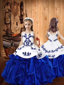 Royal Blue Lace Up Straps Embroidery and Ruffles Pageant Dresses Organza Sleeveless