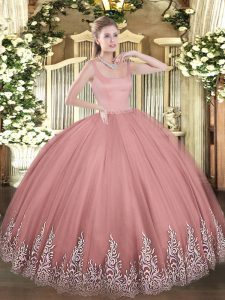 Rust Red Ball Gowns Straps Sleeveless Tulle Floor Length Zipper Appliques Quince Ball Gowns