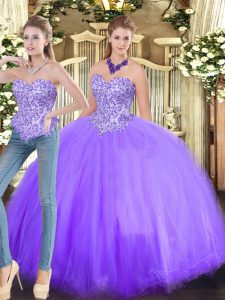 Customized Sleeveless Tulle Floor Length Lace Up Quinceanera Dresses in Lavender with Beading