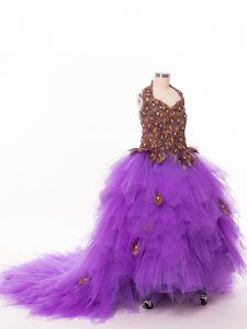 Stunning Eggplant Purple Lace Up Halter Top Ruffles Little Girls Pageant Gowns Tulle Sleeveless Court Train