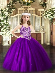 Tulle Straps Sleeveless Lace Up Beading Little Girl Pageant Dress in Purple