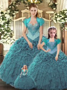 Teal Sweet 16 Quinceanera Dress Military Ball and Sweet 16 and Quinceanera with Beading and Ruffles Straps Sleeveless Lace Up
