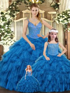 Teal Straps Neckline Beading and Ruffles Quinceanera Dresses Sleeveless Lace Up