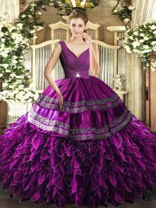 Best Purple Sleeveless Beading and Ruffles and Ruching Floor Length Military Ball Gowns