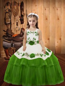 Sleeveless Organza Floor Length Lace Up Child Pageant Dress in Olive Green with Embroidery and Ruffled Layers