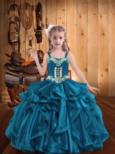 Floor Length Teal Pageant Dress Organza Sleeveless Embroidery and Ruffles