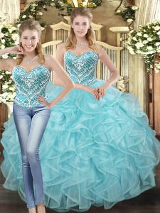 Free and Easy Baby Blue Ball Gowns Sweetheart Sleeveless Tulle Floor Length Lace Up Beading and Ruffles 15 Quinceanera Dress