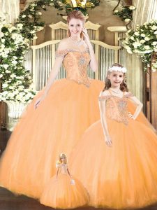 Deluxe Orange Sleeveless Floor Length Beading Lace Up Quinceanera Gowns