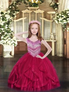 Hot Pink Little Girls Pageant Dress Party and Quinceanera with Beading and Ruffles Scoop Sleeveless Lace Up