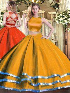 Ideal Orange Two Pieces High-neck Sleeveless Tulle Floor Length Criss Cross Ruching Quinceanera Dresses