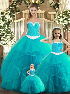 Dynamic Aqua Blue Lace Up Sweetheart Ruffles Quinceanera Gowns Tulle Sleeveless