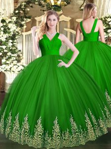 Tulle V-neck Sleeveless Zipper Appliques Quinceanera Gown in Green