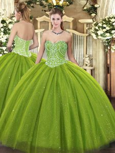 Lovely Olive Green Ball Gowns Sweetheart Sleeveless Tulle Floor Length Lace Up Beading 15 Quinceanera Dress