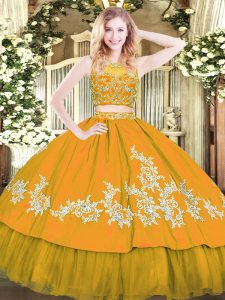 On Sale Gold Two Pieces Beading and Appliques Vestidos de Quinceanera Zipper Tulle Sleeveless Floor Length